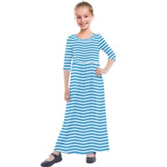 Oktoberfest Bavarian Blue And White Chevron Stripes Kids  Quarter Sleeve Maxi Dress by PodArtist