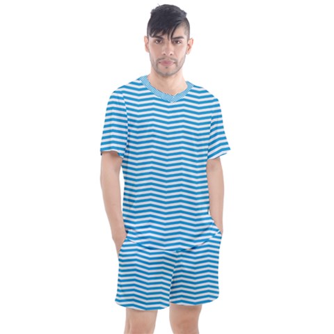 Oktoberfest Bavarian Blue And White Chevron Stripes Men s Mesh Tee And Shorts Set by PodArtist