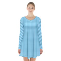 Oktoberfest Bavarian Blue And White Small Gingham Check Long Sleeve Velvet V-neck Dress by PodArtist