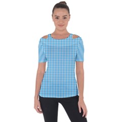 Oktoberfest Bavarian Blue And White Gingham Check Shoulder Cut Out Short Sleeve Top by PodArtist