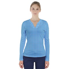 Oktoberfest Bavarian Blue And White Gingham Check V-neck Long Sleeve Top by PodArtist