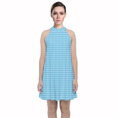 Oktoberfest Bavarian Blue And White Gingham Check Velvet Halter Neckline Dress  by PodArtist