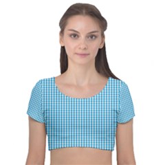 Oktoberfest Bavarian Blue And White Gingham Check Velvet Short Sleeve Crop Top  by PodArtist