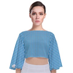 Oktoberfest Bavarian Blue And White Gingham Check Tie Back Butterfly Sleeve Chiffon Top by PodArtist