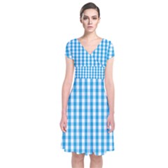 Oktoberfest Bavarian Blue And White Large Gingham Check Short Sleeve Front Wrap Dress by PodArtist