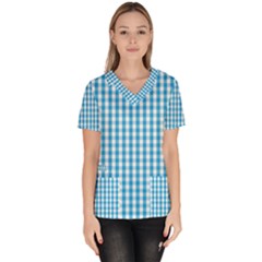 Oktoberfest Bavarian Blue And White Large Gingham Check Women s V-neck Scrub Top by PodArtist