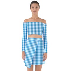 Oktoberfest Bavarian Blue And White Large Gingham Check Off Shoulder Top With Skirt Set by PodArtist