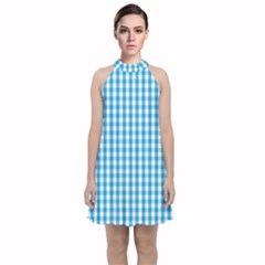 Oktoberfest Bavarian Blue And White Large Gingham Check Velvet Halter Neckline Dress  by PodArtist