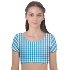 Oktoberfest Bavarian Blue And White Large Gingham Check Velvet Short Sleeve Crop Top  by PodArtist