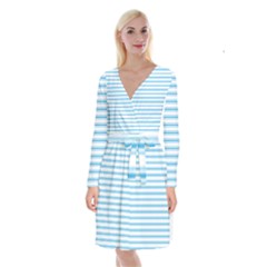 Oktoberfest Bavarian Blue And White Large Mattress Ticking Stripes Long Sleeve Velvet Front Wrap Dress by PodArtist