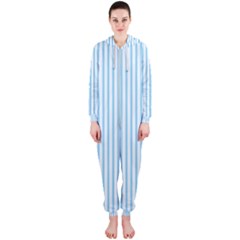 Oktoberfest Bavarian Blue And White Mattress Ticking Hooded Jumpsuit (ladies)  by PodArtist