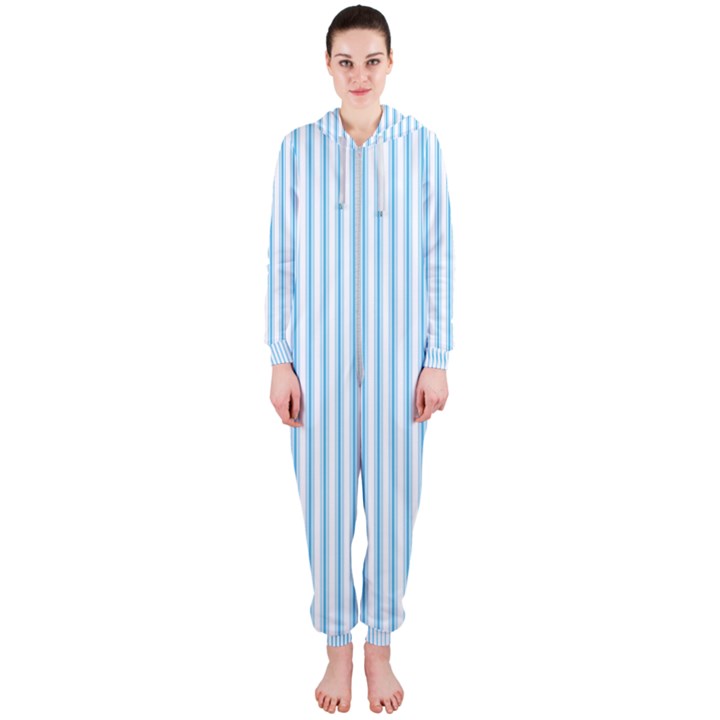 Oktoberfest Bavarian Blue and White Mattress Ticking Hooded Jumpsuit (Ladies) 