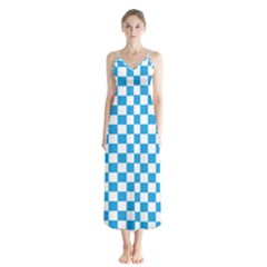 Oktoberfest Bavarian Large Blue And White Checkerboard Button Up Chiffon Maxi Dress by PodArtist