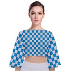 Oktoberfest Bavarian Large Blue And White Checkerboard Tie Back Butterfly Sleeve Chiffon Top by PodArtist