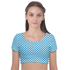 Oktoberfest Bavarian Blue And White Checkerboard Velvet Short Sleeve Crop Top  by PodArtist