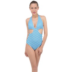 Oktoberfest Bavarian Blue And White Checkerboard Halter Front Plunge Swimsuit by PodArtist