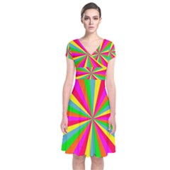 Neon Rainbow Mini Burst Short Sleeve Front Wrap Dress by PodArtist