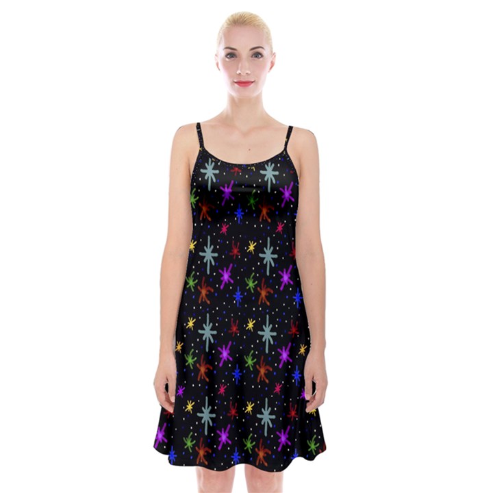 Colored Hand Draw Abstract Pattern Spaghetti Strap Velvet Dress