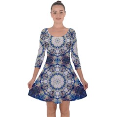 Painted Blue Mandala Flower On Canvas Quarter Sleeve Skater Dress by pepitasart