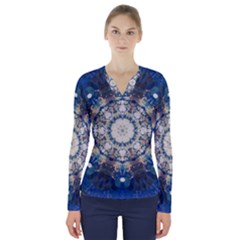 Painted Blue Mandala Flower On Canvas V-neck Long Sleeve Top by pepitasart