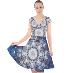 Painted Blue Mandala Flower On Canvas Cap Sleeve Front Wrap Midi Dress by pepitasart