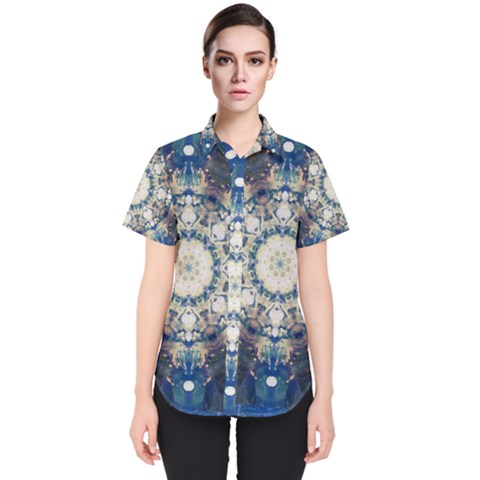 Painted Blue Mandala Flower On Canvas Women s Short Sleeve Shirt by pepitasart