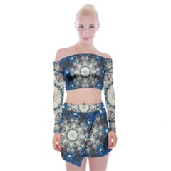 Painted Blue Mandala Flower On Canvas Off Shoulder Top With Mini Skirt Set by pepitasart