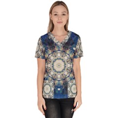 Painted Blue Mandala Flower On Canvas Women s V-neck Scrub Top by pepitasart