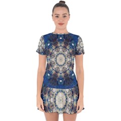 Painted Blue Mandala Flower On Canvas Drop Hem Mini Chiffon Dress by pepitasart