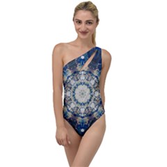 Painted Blue Mandala Flower On Canvas To One Side Swimsuit