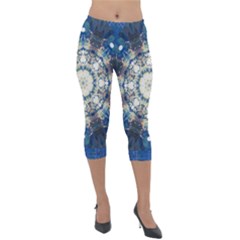 Painted Blue Mandala Flower On Canvas Lightweight Velour Capri Leggings  by pepitasart