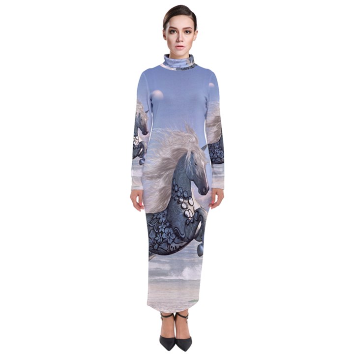 Wonderful Wild Fantasy Horse On The Beach Turtleneck Maxi Dress