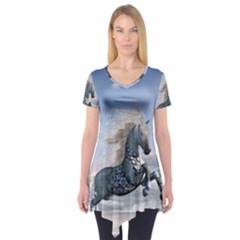 Wonderful Wild Fantasy Horse On The Beach Short Sleeve Tunic  by FantasyWorld7