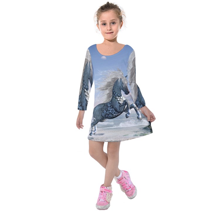 Wonderful Wild Fantasy Horse On The Beach Kids  Long Sleeve Velvet Dress