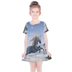 Wonderful Wild Fantasy Horse On The Beach Kids  Simple Cotton Dress by FantasyWorld7