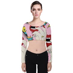 Pop Art   Velvet Long Sleeve Crop Top