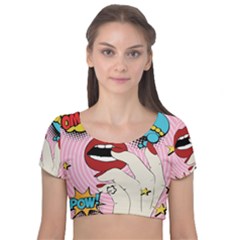 Pop Art   Velvet Short Sleeve Crop Top 