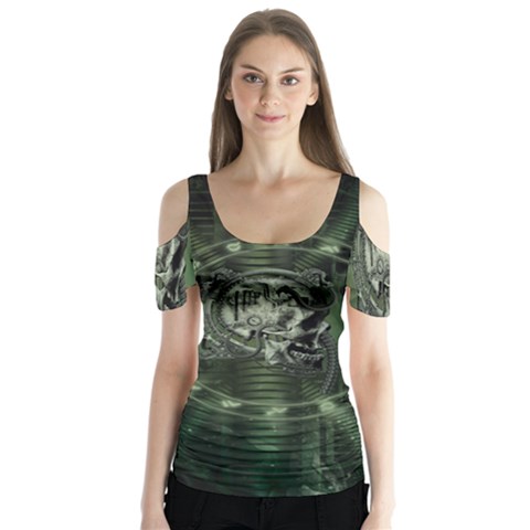 Awesome Creepy Mechanical Skull Butterfly Sleeve Cutout Tee  by FantasyWorld7