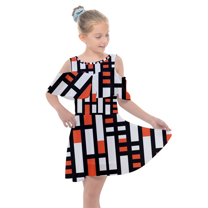 Linear Sequence Pattern Design Kids  Shoulder Cutout Chiffon Dress