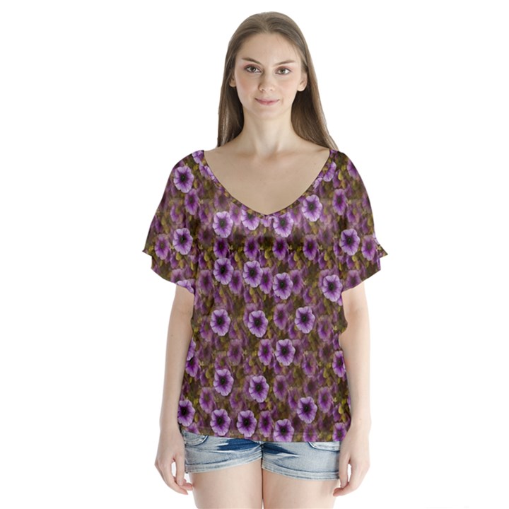 The Sky Is Not The Limit For A Floral Delight V-Neck Flutter Sleeve Top