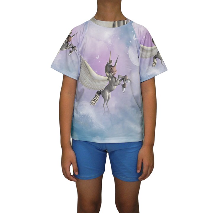 Cute Little Pegasus In The Sky, Cartoon Kids  Short Sleeve Swimwear