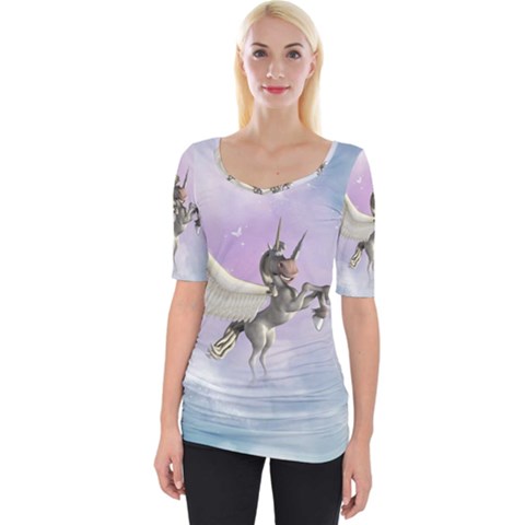 Cute Little Pegasus In The Sky, Cartoon Wide Neckline Tee by FantasyWorld7