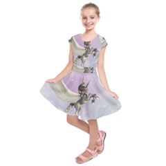 Cute Little Pegasus In The Sky, Cartoon Kids  Short Sleeve Dress by FantasyWorld7