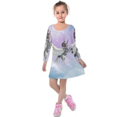 Cute Little Pegasus In The Sky, Cartoon Kids  Long Sleeve Velvet Dress by FantasyWorld7