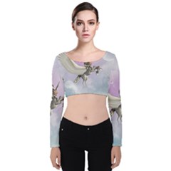 Cute Little Pegasus In The Sky, Cartoon Velvet Long Sleeve Crop Top by FantasyWorld7