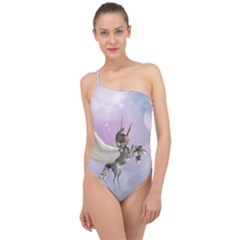 Cute Little Pegasus In The Sky, Cartoon Classic One Shoulder Swimsuit by FantasyWorld7