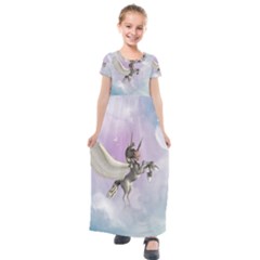 Cute Little Pegasus In The Sky, Cartoon Kids  Short Sleeve Maxi Dress