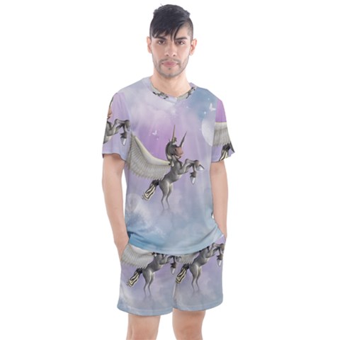 Cute Little Pegasus In The Sky, Cartoon Men s Mesh Tee And Shorts Set by FantasyWorld7