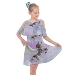 Cute Little Pegasus In The Sky, Cartoon Kids  Shoulder Cutout Chiffon Dress