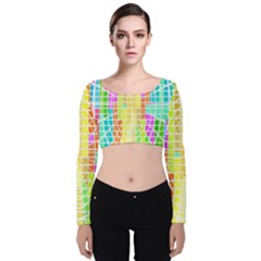 Abstract Squares Background Network Velvet Long Sleeve Crop Top